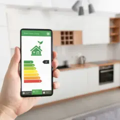 Smartphone mostra un'app per la gestione dell'energia domestica con un grafico della classe energetica.