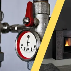 Schema corretto montaggio tubi stufa a legna: termometro e valvole per un impianto efficiente. Stufa moderna in soggiorno.