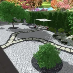 Un angolo di pace: un giardino zen fai da te con sentiero in pietra, laghetto, alberi e un'area relax sotto un ombrellone.