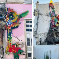 Opere d'arte con rifiuti: un gufo e un asino colorato adornano le facciate, trasformando materiali di scarto in creature vivaci.