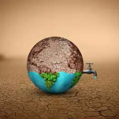Il pianeta Terra, metà arido e spaccato, metà verde e acquatico, perde acqua da un rubinetto. Un monito sull'overshoot day Italia.