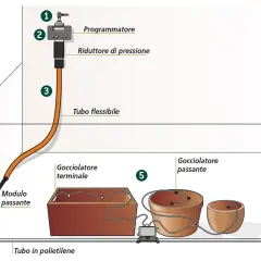 Schema di irrigazione a goccia con diversi tipi di gocciolatori: terminale e passante, collegati a programmatore e tubo in polietilene.