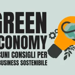 La "Green Economy" è un'idea che ispira, con esempi concreti per un business sostenibile. Una lampadina arancione con il globo terrestre al suo interno simboleggia l'innovazione ecologica.