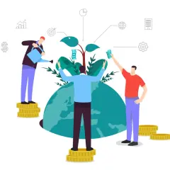 Uomini investono in una pianta che cresce su un globo, simboleggiando un alto green asset ratio e la crescita sostenibile.