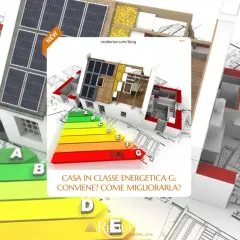 Modello di casa con pannelli solari e scala di classe energetica. La casa in classe energetica G è un punto di partenza per miglioramenti.