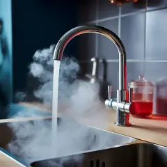 Rubinetto eroga acqua bollente, mostrando come avere acqua calda senza caldaia. Vapore sale dal lavello.