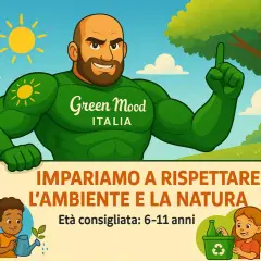 Supereroe verde insegna l'ecologia scuola primaria: bambini innaffiano piante e riciclano. Imparare a rispettare l'ambiente!