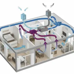 Schema di un sistema VMC con pompa di calore integrata che mostra il ricircolo dell'aria in un'abitazione.