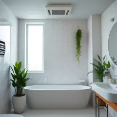 Bagno moderno con vasca, piante e un sistema di aerazione bagno cieco a parete per un ambiente sempre fresco.