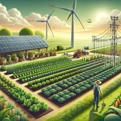Un contadino lavora in un campo rigoglioso, circondato da pannelli solari, turbine eoliche e colture ordinate. Questo è il significato di agricoltura sostenibile: armonia tra natura e tecnologia per un futuro verde.