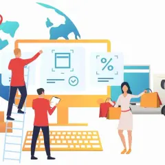 Persone interagiscono con un monitor che mostra icone di spedizione e percentuali, mentre un camion e borse della spesa suggeriscono la logistica di ritorno.