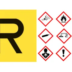Simboli di pericolo per rifiuti pericolosi e non pericolosi. La "R" su sfondo giallo indica un'area di raccolta.