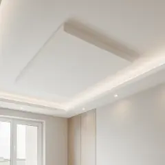 Soffitto moderno con controsoffitto in cartongesso, illuminazione a LED integrata e un pannello centrale sospeso.