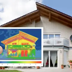 Una mano tiene una foto di una casa con termografia a infrarossi, che mostra le dispersioni di calore.