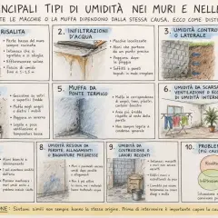 Condensa superficiale: goccioline su vetri e superfici fredde, muffa negli angoli. Peggiora in inverno, legata a poca ventilazione e temperature basse.