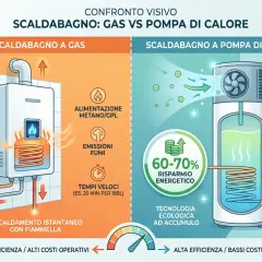 Confronto tra scaldabagno a gas e pompa di calore per acqua calda. La pompa di calore è più efficiente ed ecologica.