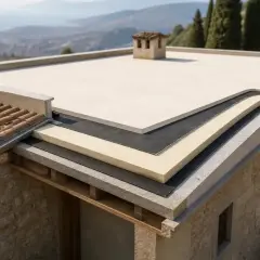Strati di isolamento termico tetto esterno su una casa con vista mare.