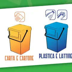 Contenitori per la raccolta differenziata: organico, carta e cartone, plastica e lattine, vetro.