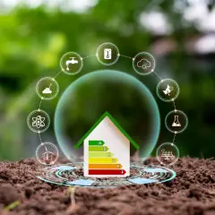 Casa con etichetta energetica e icone di sostenibilità, come pannelli solari e turbine eoliche. Le lastre di cartongesso sono un materiale da costruzione efficiente.