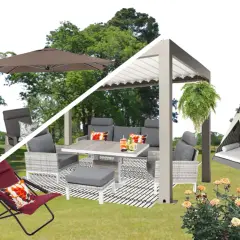 Arredamento da esterno con gazebo, divani, tavolo, sedie, lettino a forma di tenda e ombrellone. Soluzioni per creare zone d'ombra perfette.