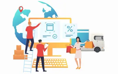 Persone interagiscono con un monitor che mostra icone di spedizione e percentuali, mentre un camion e borse della spesa suggeriscono la logistica di ritorno.