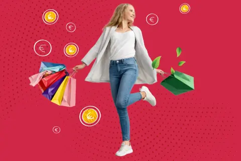 Donna felice con borse della spesa colorate, monete euro e foglie verdi. Il fast fashion pro e contro: convenienza vs impatto ambientale.