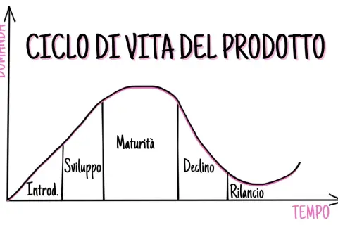 Grafico che illustra il ciclo vita prodotto: introduzione, sviluppo, maturità, declino e rilancio.