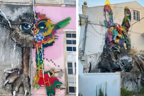 Opere d'arte con rifiuti: un gufo e un asino colorato adornano le facciate, trasformando materiali di scarto in creature vivaci.