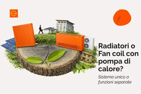 Un fancoil a pavimento arancione, un radiatore e pannelli solari su un tronco d'albero, con case e un edificio sullo sfondo.