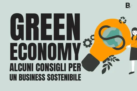 La "Green Economy" è un'idea che ispira, con esempi concreti per un business sostenibile. Una lampadina arancione con il globo terrestre al suo interno simboleggia l'innovazione ecologica.