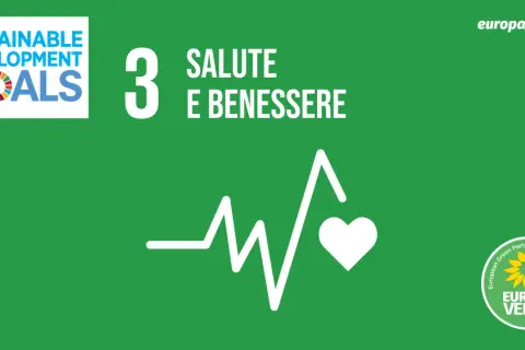 Obiettivo 3 Agenda 2030: Salute e Benessere. Grafica con elettrocardiogramma e cuore, logo Europa Verde.