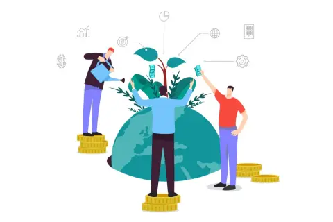 Uomini investono in una pianta che cresce su un globo, simboleggiando un alto green asset ratio e la crescita sostenibile.
