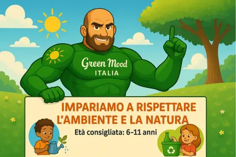 Supereroe verde insegna l'ecologia scuola primaria: bambini innaffiano piante e riciclano. Imparare a rispettare l'ambiente!