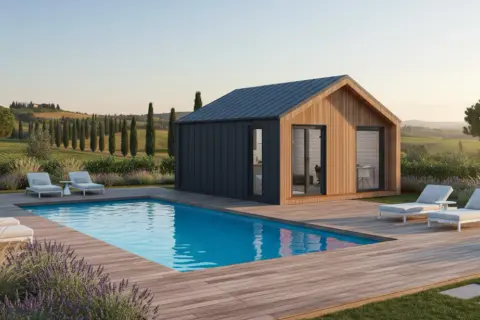 Modern prefab house with pool and lounge chairs in a Tuscan landscape.