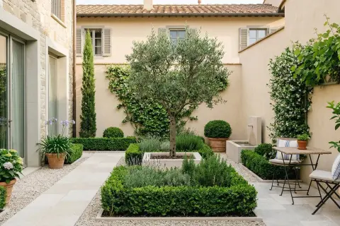 Un elegante progetto giardino 100 mq con ulivo centrale, lavanda, rosmarino, siepi curate, fontana e un piccolo tavolo.