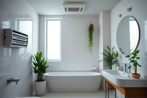 Bagno moderno con vasca, piante e un sistema di aerazione bagno cieco a parete per un ambiente sempre fresco.