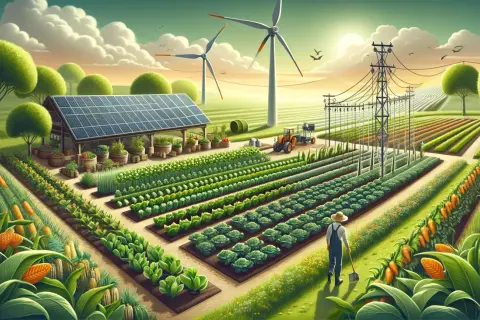 Un contadino lavora in un campo rigoglioso, circondato da pannelli solari, turbine eoliche e colture ordinate. Questo è il significato di agricoltura sostenibile: armonia tra natura e tecnologia per un futuro verde.