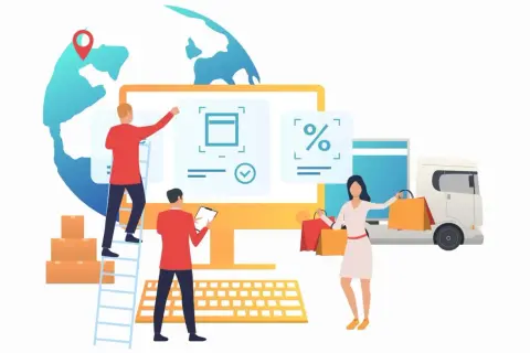 Persone interagiscono con un monitor che mostra icone di spedizione e percentuali, mentre un camion e borse della spesa suggeriscono la logistica di ritorno.