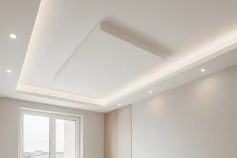 Soffitto moderno con controsoffitto in cartongesso, illuminazione a LED integrata e un pannello centrale sospeso.