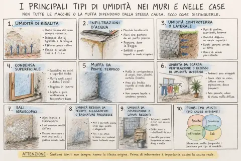 Condensa superficiale: goccioline su vetri e superfici fredde, muffa negli angoli. Peggiora in inverno, legata a poca ventilazione e temperature basse.