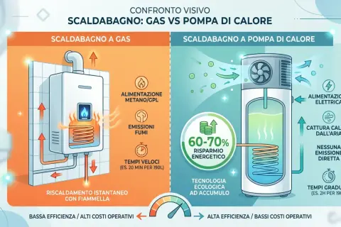 Confronto tra scaldabagno a gas e pompa di calore per acqua calda. La pompa di calore è più efficiente ed ecologica.