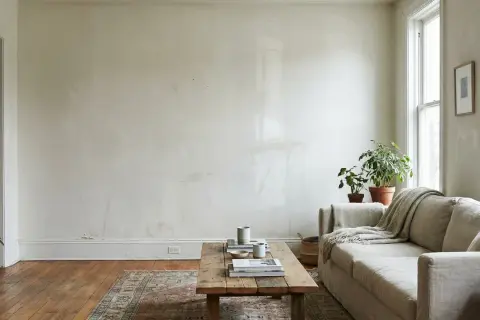 Soggiorno con divano beige, tavolino in legno e pareti che mostrano le imperfezioni, suggerendo tecniche di pittura pareti per un look rustico.