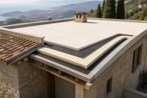 Strati di isolamento termico tetto esterno su una casa con vista mare.