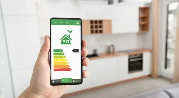 Smartphone mostra un'app per la gestione dell'energia domestica con un grafico della classe energetica.