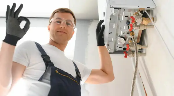 Installatore sorridente con occhiali protettivi e guanti fa segno OK vicino a una caldaia a compensazione appena installata.
