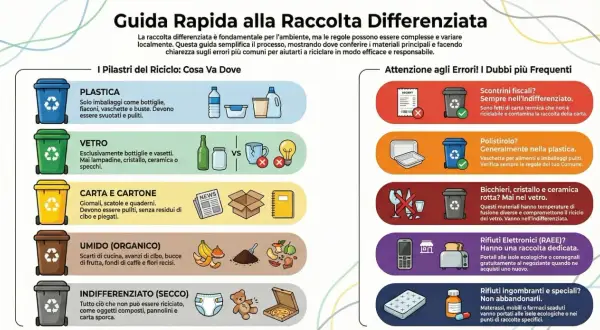 Guida alla raccolta differenziata: plastica, vetro, carta, organico e indifferenziato. Impara a riciclare correttamente per un ambiente più sano.