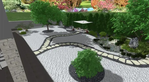 Un angolo di pace: un giardino zen fai da te con sentiero in pietra, laghetto, alberi e un'area relax sotto un ombrellone.