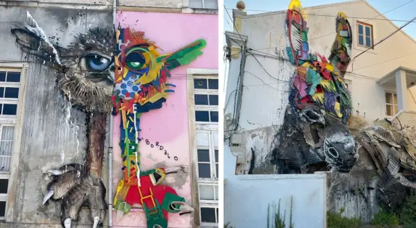 Opere d'arte con rifiuti: un gufo e un asino colorato adornano le facciate, trasformando materiali di scarto in creature vivaci.
