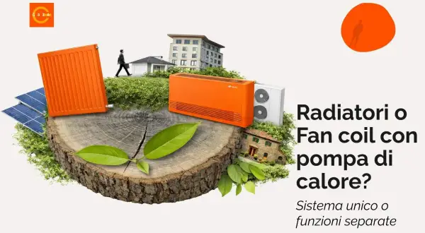 Un fancoil a pavimento arancione, un radiatore e pannelli solari su un tronco d'albero, con case e un edificio sullo sfondo.