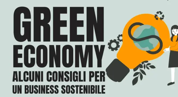 La "Green Economy" è un'idea che ispira, con esempi concreti per un business sostenibile. Una lampadina arancione con il globo terrestre al suo interno simboleggia l'innovazione ecologica.